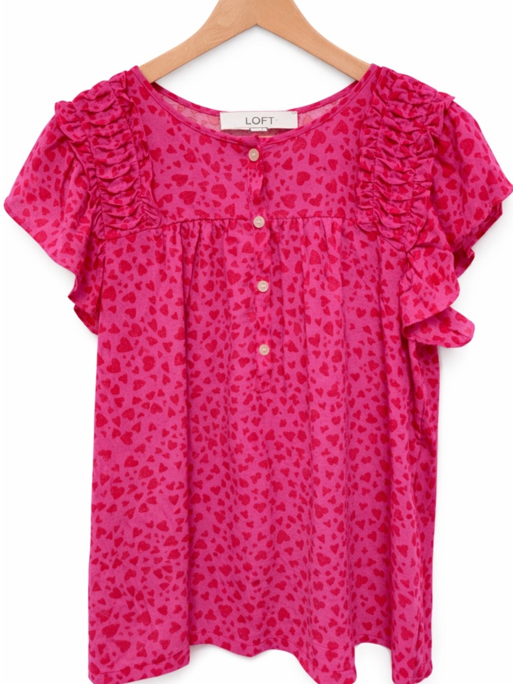 LOFT Hot Pink Heart-Print Ruffle Sleeve Blouse